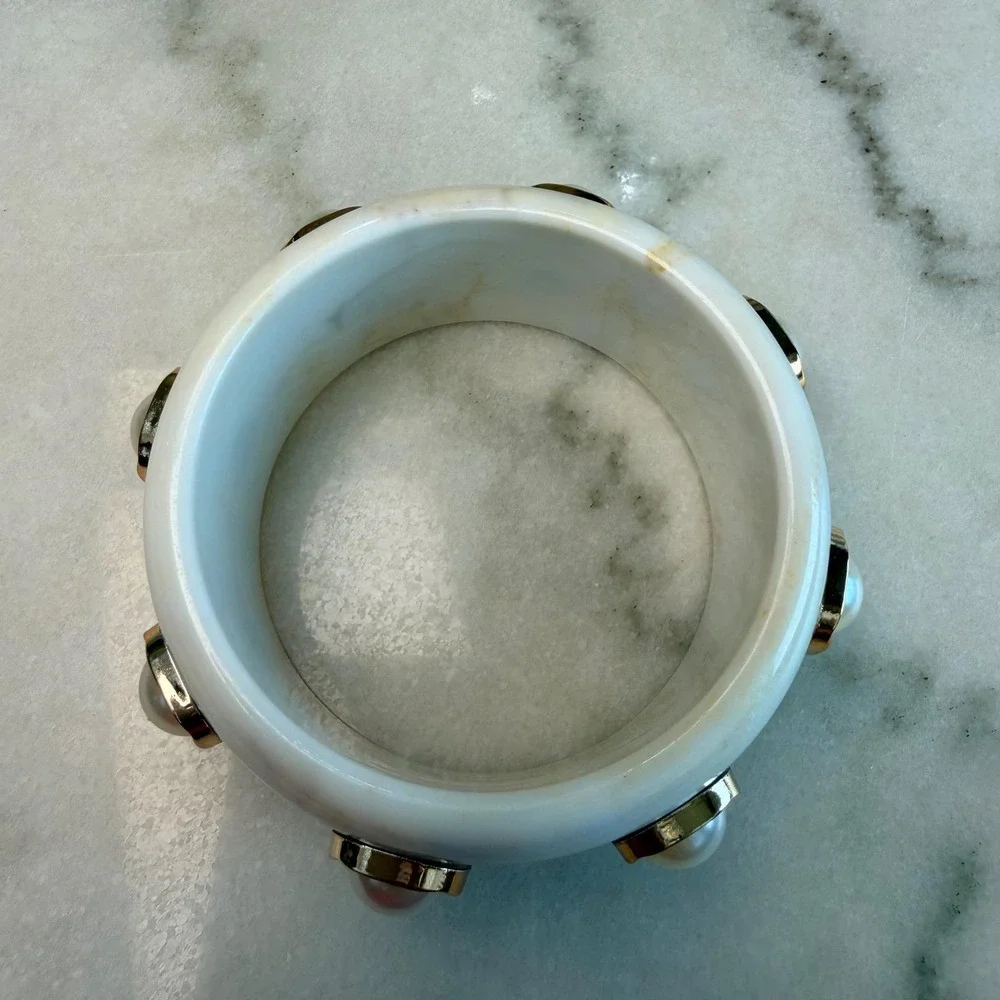 White Lucite Marble Acrylic Chunky Bangle Faux Pearl Gold Stud Cuff Statement
